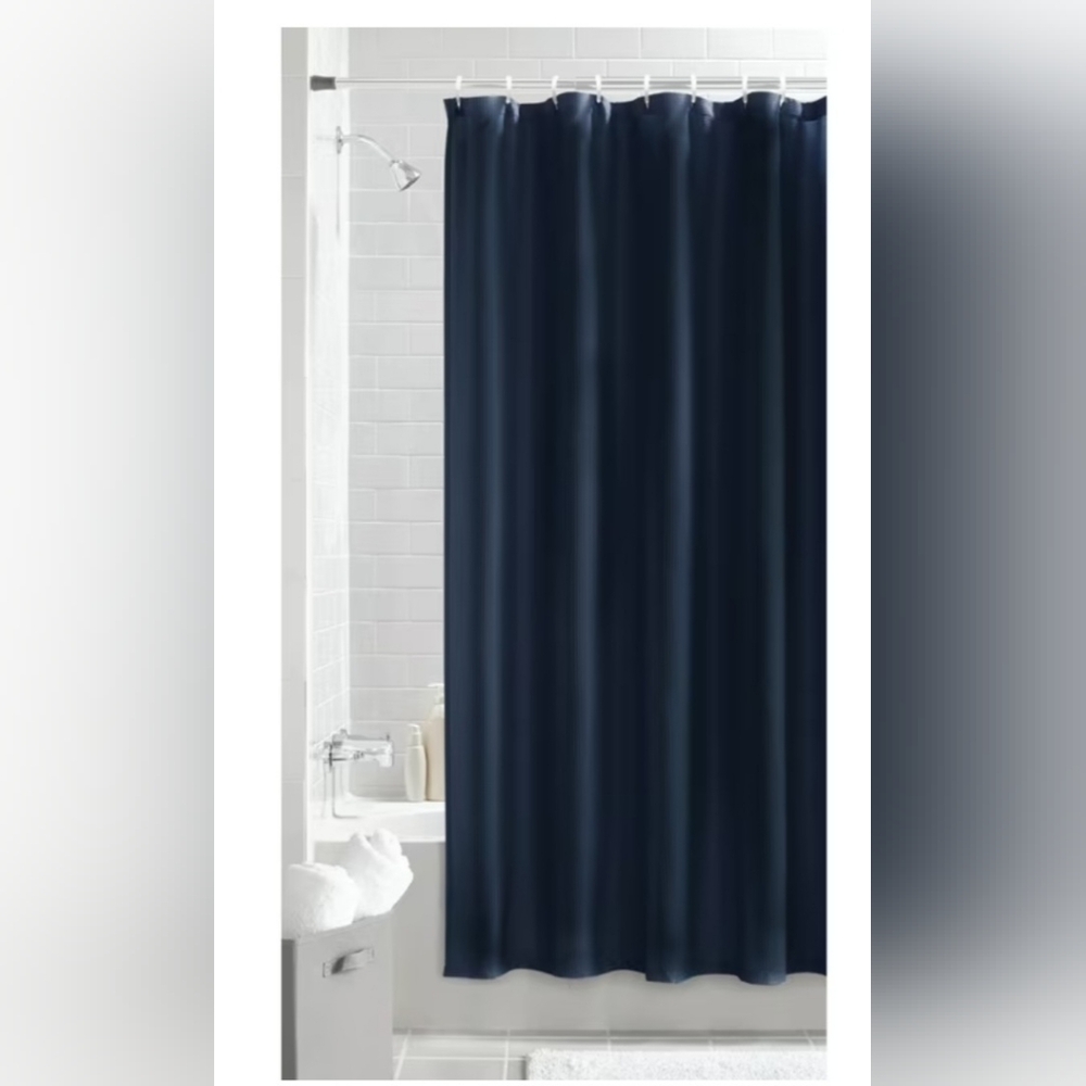 Washable Navy Blue Shower Curtain & Mat